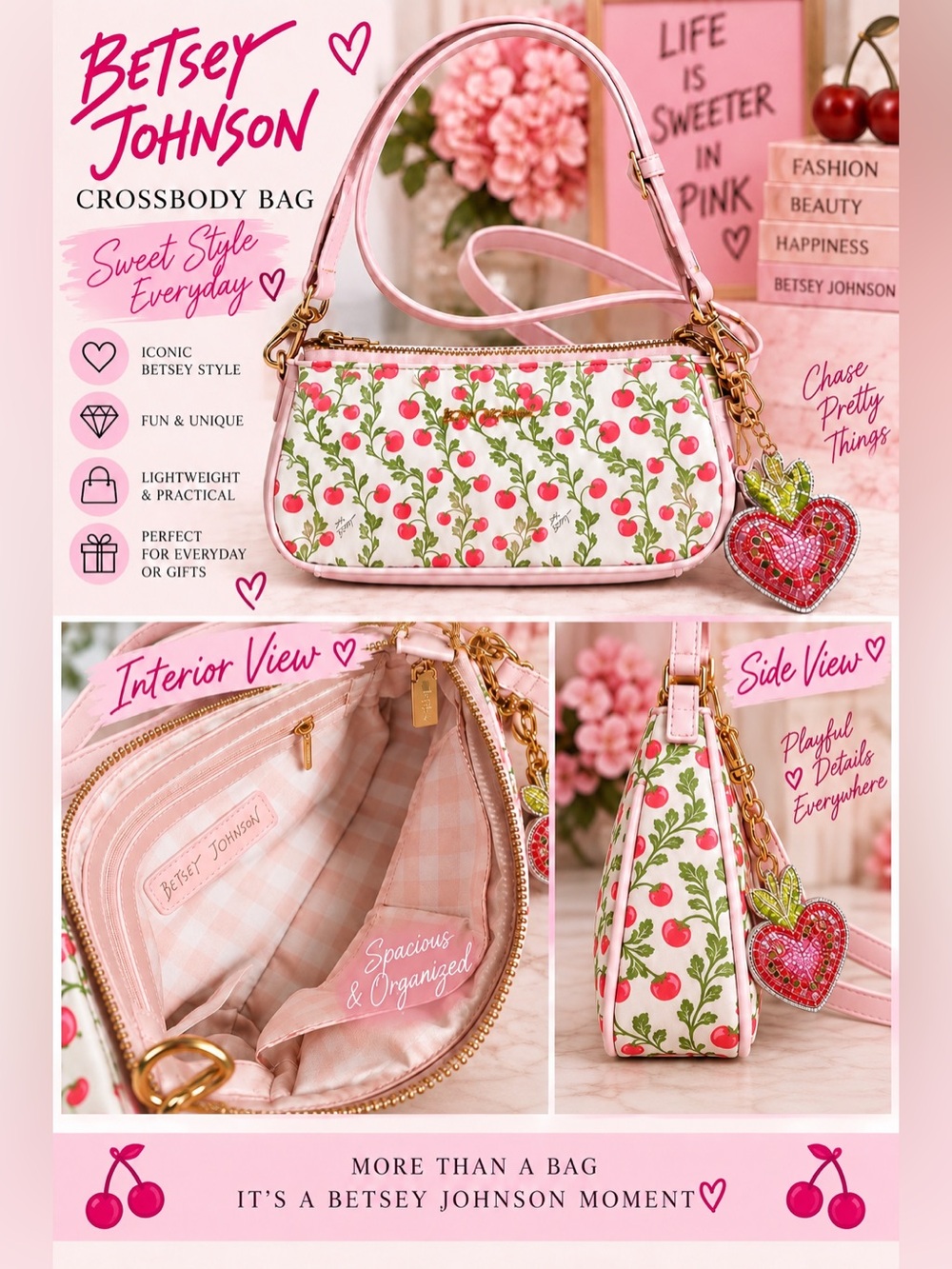 Betsey Johnson Pink Cherry Print Crossbody with Heart Charm